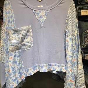 NWT POL sky blue mix media top crochet detail